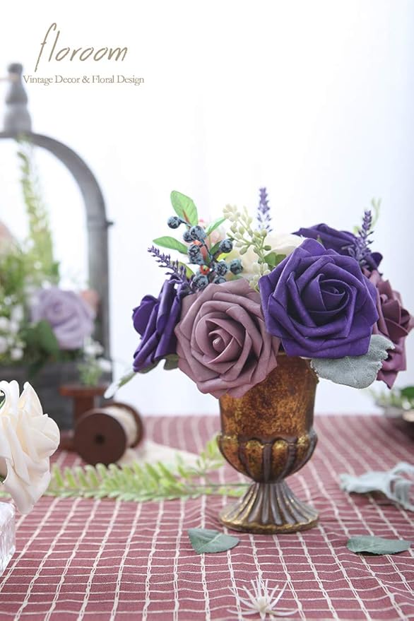 Floroom Artificial Flowers 50pcs Real Looking Dark Purple Foam Fake Roses with Stems for DIY Wedding Bouquets Bridal Shower Centerpieces Floral Arrangements Party Tables Home Decorations