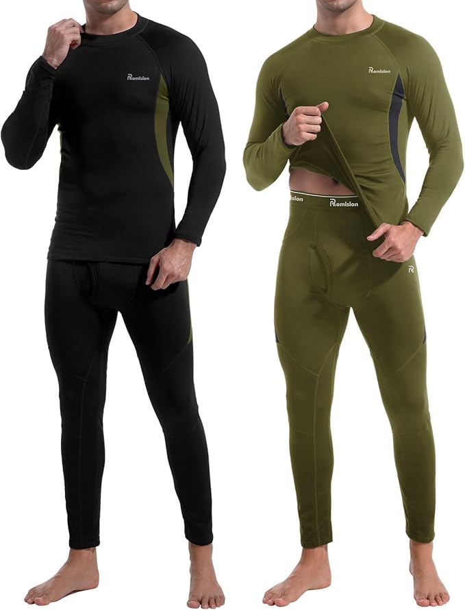 romision 2 Pack Thermal Underwear for Men Long Johns Fleece Lined Hunting Gear Bottom Top Set Base Layer Cold Weather XS-4XL