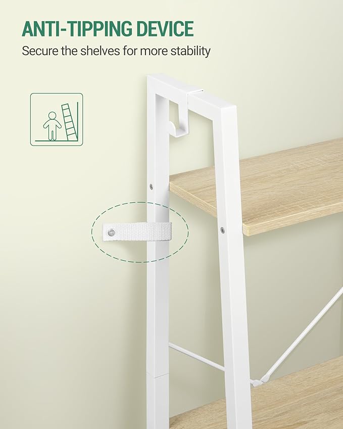 Ladder Shelf, Bookshelf Bookcase, Freestanding Corner Storage Shelve with 2 Hooks for Home Office, Living Room, Kitchen, Bedroom, Industrial, 11.8" D x 13.4" W x 63" H, White Oak and White