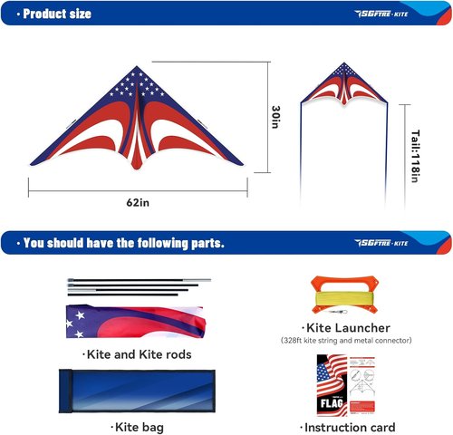 Delta Kite Set - Easy Launch for Kids & Adults | Perfect for Beach & Park Activities (Speed Triangle American Flag)