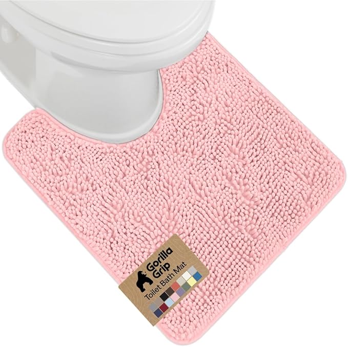 GORILLA GRIP Plush Absorbent Shaggy Chenille Bath Rug Mat for Oval Toilet Base with Rubber Backing, Machine Washable Rugs, Soft Microfiber Contour Mats for Toilets, Bathroom Decor, Lt Pink