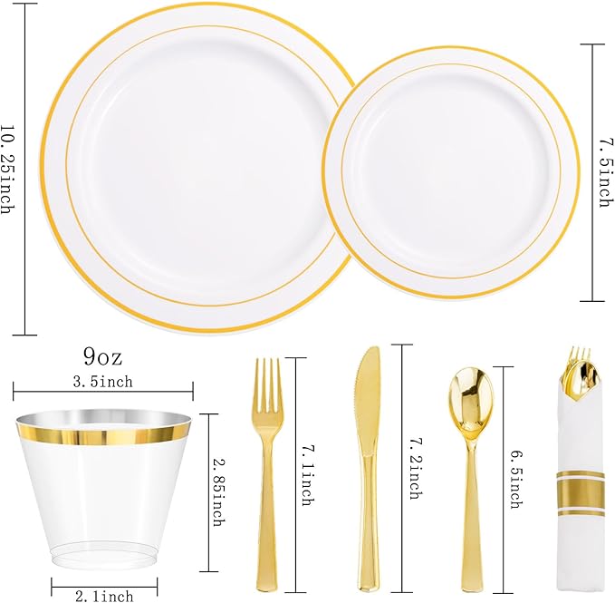 DaYammi 350PCS Gold Plastic Dinnerware Set for 50 Guests, Thanksgiving Plates Disposable, Include: 50 Dinner Plates, 50 Dessert Plates, 50 Pre Rolled Napkins with Gold Silverware, 50 Cups