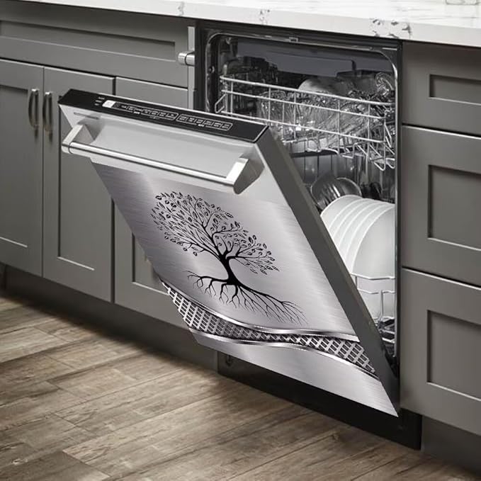 Stainless Steel Design Tree Wallpaper Magnet Dishwasher Cover Sticker,Kitchen Decor Refrigerator Magnets Decorative Fridge Magnetic Decal Vinyl Panel 23Wx17H inch