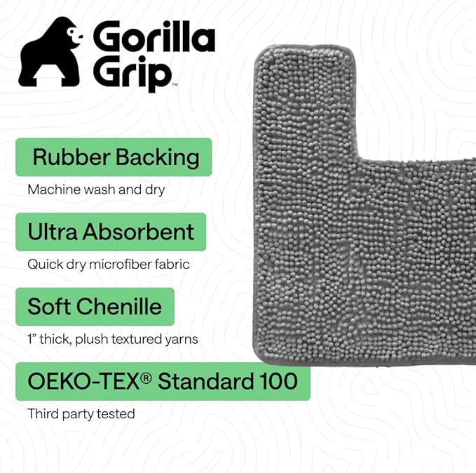 GORILLA GRIP Bathroom Rug Sets, Soft Chenille 2 Piece Area Rugs Set, Toilet Base Mat and 30x20 Carpet, Absorbent Microfiber Washable Mats Dry Quickly, Home Décor and Bath Room Accessories, Grey