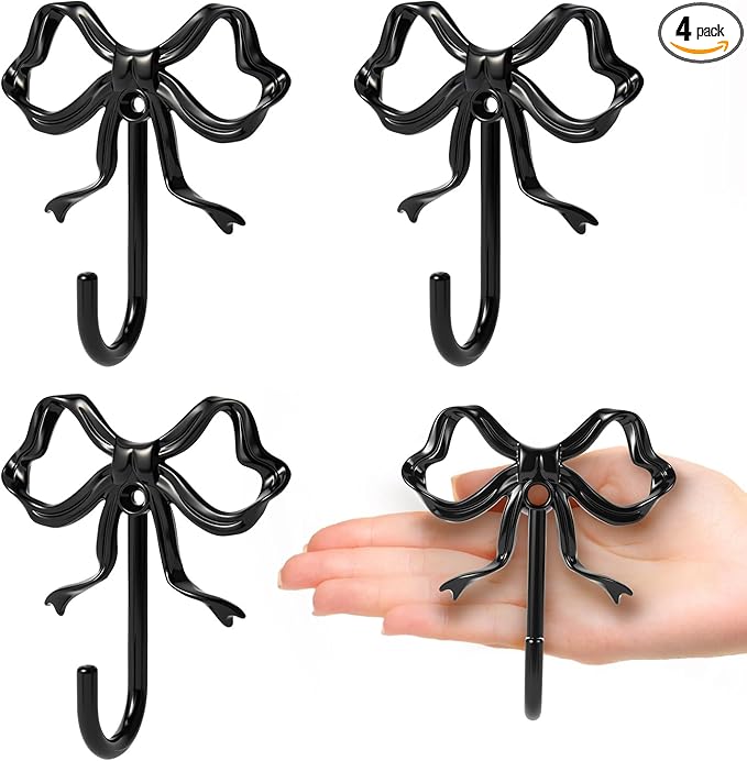 4 PCS Large Size Black Bow Wall Hook, Metal Hooks, Bow Room Decor Hooks