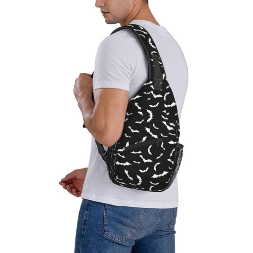 LOSTORCHI Bat Crossbody Sling Bags for Women Men White Flying Bats Silhouettes on Black Background Travel Sling Backpack Casual Chest Shoulder Bag Cool Nocturnal Creatures Animal Print Hiking Daypack