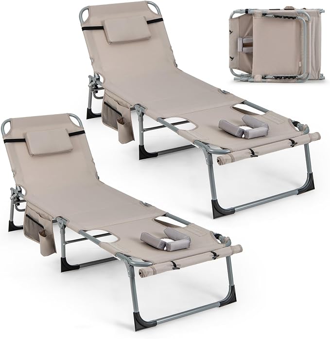 GYMAX Tanning Chair, 330LBS Beach Lounge Chair with Face Arm Hole & Hand Shoulder Strap, Folding Layout Sunbathing Chair, Face Down Outdoor Chaise Lounger for Patio, Poolside, Lawn, Backyard (2, Sand)