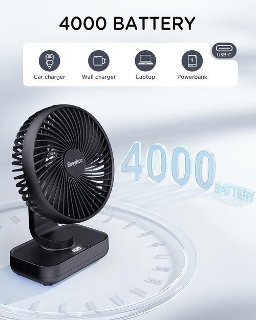 EasyAcc Small Oscillating Fan - Rechargeable 4000mAh Desktop Air Circulator | 4 Speed, 5-23 Hours Runtime