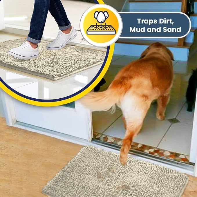 Muddy Mat® | Super Water Absorbent Door Mat Indoor, Microfiber Quick Dry Chenille Entryway Rug, Slip Resistant Front Door Mat, Indoor Mats for Entryway, Machine Washable Pet Rug, Ivory 20" x 30"