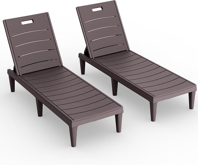 Devoko Outdoor Chaise Lounge Chair Set of 2 with 5-Position Adjustable Back, Waterproof & Lightweight PP Lounge Chairs for Outside Pool Patio (Deep Brown)