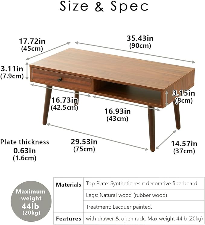EMOOR Wood Coffee Table with Storage Rectangle Stone Gray, Floor Sitting Low Table Small Space Minimalist Japanese Tatami Room