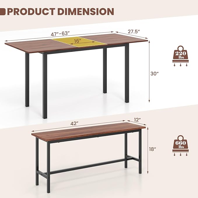 Giantex 3-Piece Dining Table Set for 4-8, 63” Extendable Dining Table with 2 Benches, Metal Frame, Dinette Table Set for Dinner, Breakfast Nook, Kitchen, Living Room, Restaurant, Walnut