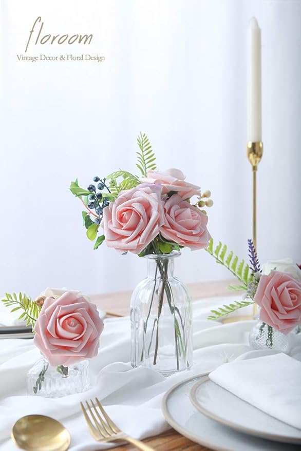 Floroom Artificial Flowers 25pcs Realistic Peach Pink Foam Fake Roses with Stems for DIY Wedding Bouquets Bridal Shower Centerpieces Floral Arrangements Party Tables Home Decorations