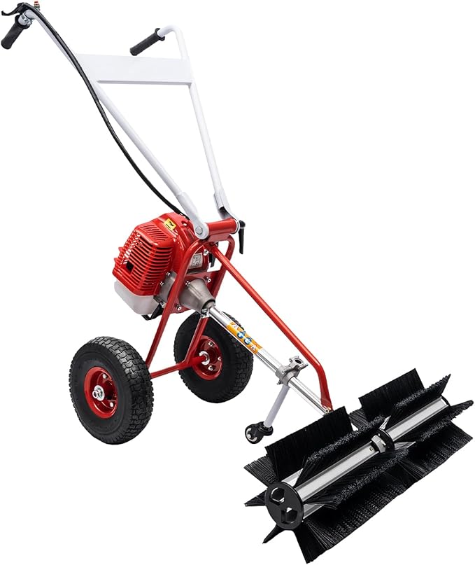 MuChaIOAK Gas Handheld Sweeper, Portable Artificial Grass Brush Power Broom, Hand-Push Walk Behind Snow Sweeper Cleaning Driveway Turf Grass for Farms Streets Driveways (43CC)