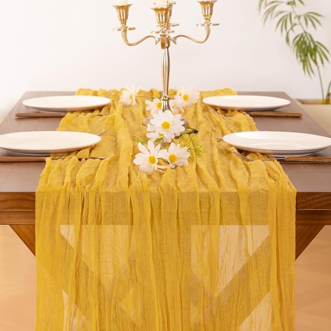 Socomi 3pcs Gold Yellow Fall Thanksgiving Cheesecloth Table Runner Boho Rustic Gauze 120 inch 10FT Cheese Cloth Runner for Wedding Party Baby Shower Birthday Home Decor Holiday Decorations