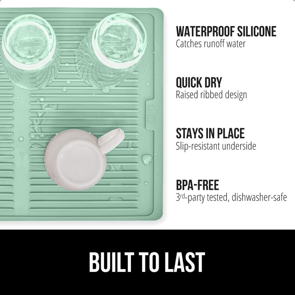 GORILLA GRIP 100% BPA-Free Patented Silicone Dish Drying Mat for Kitchen Counter, 18x24 Inch, Water Catching Ribbed Design, Easy Clean Waterproof Sink Liner, Heat Resistant, Fits Under Rack, Mint