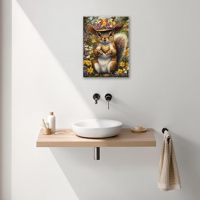 Western Squirrel Wall Art, Squirrel Peanut Pictures Wall Decor, Country Rustic Animal Canvas Prints, Forest Flower Painting, Framed Artwork for Bathroom Living Room Bedroom Dining Room 16"X12"