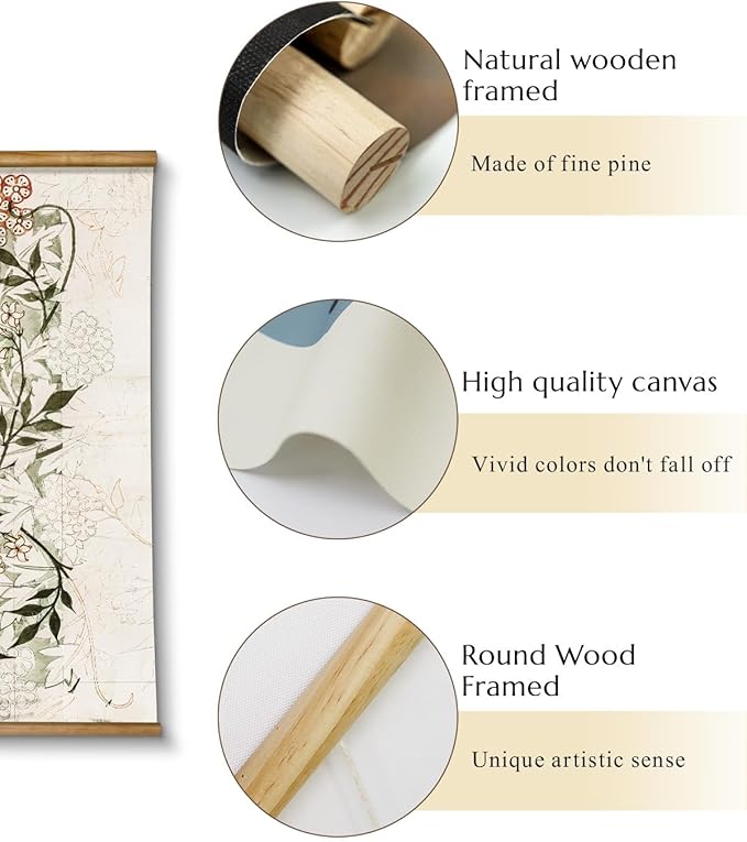 VIYYIEA Extra Large Size Canvas Wall Art, 36x54 Inch Vintage Botanical Hanging Scroll Painting with Wildflower Pattern, Rustic Floral Wall Decor for Living Room, Bedroom, or Entryway