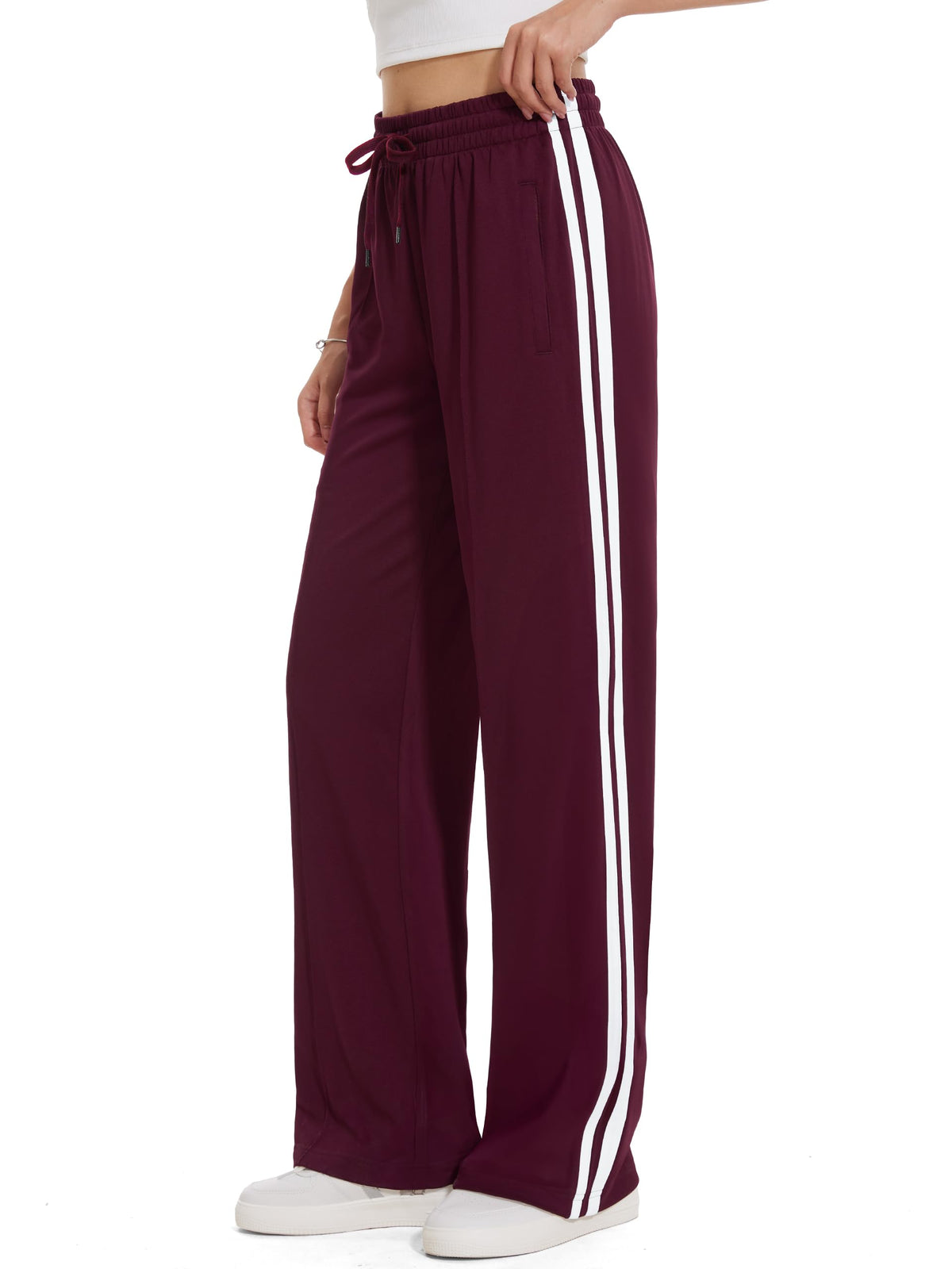 Tapata Extra Tall Woman 36" Inseam Stripes Sweat Pant High Waisted Drawstring Gym Exercise Lounge Joggers, Burgundy, XXL