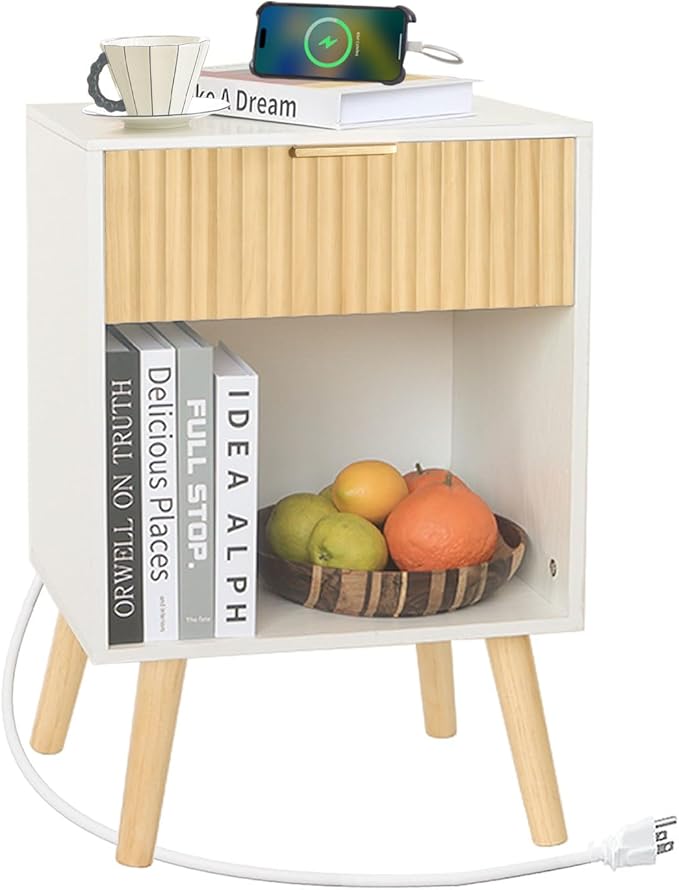 Night Stand with Charger Station, Modern Wood Nightstand with Drawer and Outlet, Fluted Bedside Table End Table with Solid Wood Legs for Bedroom, Living Room, Office (White Oak)