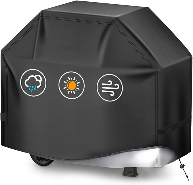 BBQ Gas Grill Cover for Outdoor, Anti-UV, Rip-Proof, 600D Oxford Fade Resistant Material, Barbecue Cover with Hook and Loop Straps & Adjustable Hem Drawstring (Black, 65”x24”x44”)