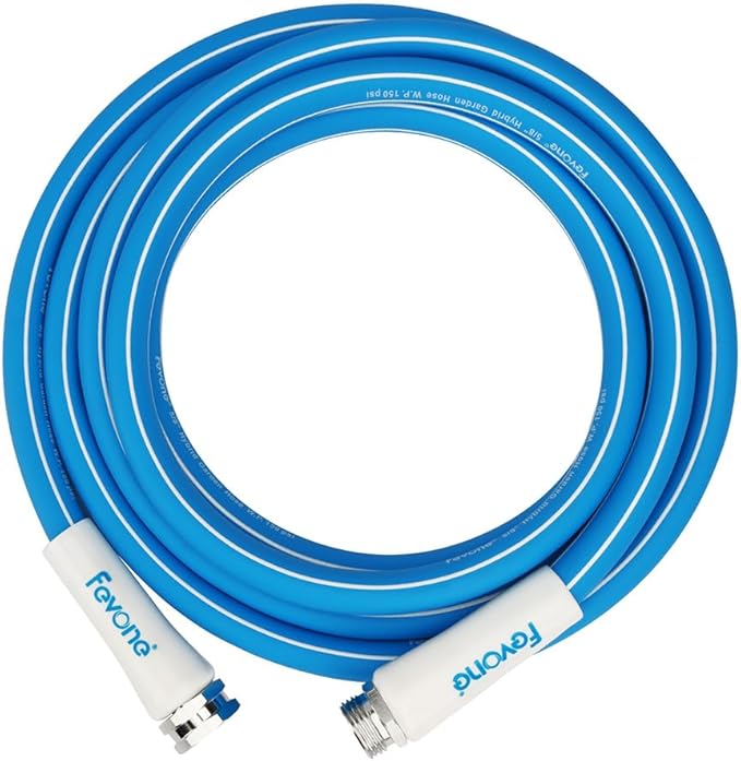 FEVONE 25 ft x 5/8 in Garden Hose, Drinking Water Safe Flexible Water Hose, Lightweight Hybrid Polymer Hose, Kink-Resistant, 3/4 in Aluminum Fittings, Leak-Free, 600 PSI