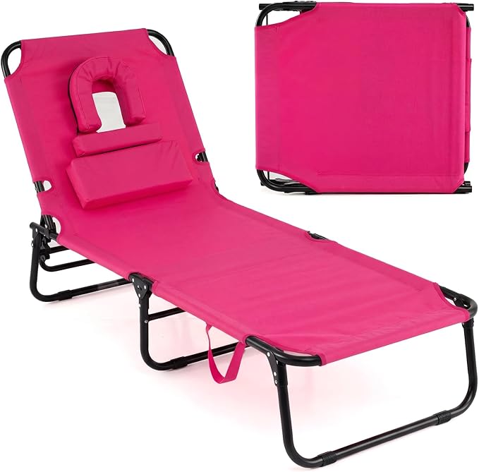 GYMAX Tanning Chair, 330lbs Beach Lounge Chair with Face Hole, Washable Pillow & Carry Strap, Adjustable Folding Chaise Lounge, Layout Chair for Outside, Patio, Poolside, Lawn (1, Pink)