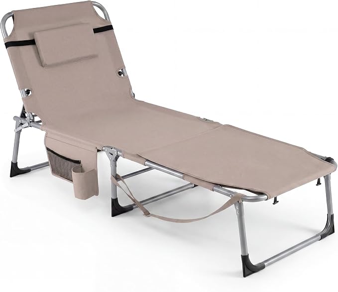 Giantex Tanning Chair, 330Lbs Beach Chair with 5 Adjustable Position, Face & Arm Hole, Hand/Shoulder Strap, Removable Pillow, Side Pocket, Chaise Lounger, Lounge Chair for Sunbathing Outdoor, Beige