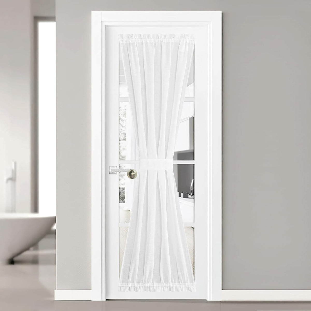 NICETOWN Linen Semi Sheer French Door Panels 80 inch Long, Light Filtering Curtains for Front Glass Back Entry Front Door with Tieback, 36" Wide, 1 Panel, White