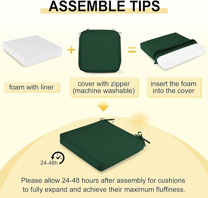 downluxe Waterproof Outdoor Chair Cushions Set of 4, 19" x 19" x 3" Patio Chair Cushion with Non-Slip Ties & Handle, Square Outdoor Cushion for Patio Furniture with Removable Cover, Forest Green