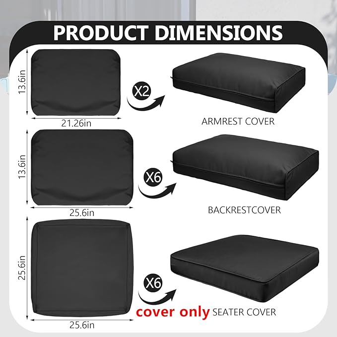 14 Piece Outdoor Patio Waterproof Cushion Covers, Fits 6-Seat Wicker Rattan Sectional Couch Chair Furniture Cover Replacement Set - Fade-Resistant Patio Cushion Covers with Zipper