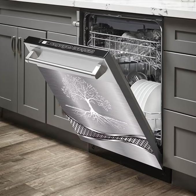 Stainless Steel Design Tree Pattern Dishwasher Magnetic Cover Sticker Refrigerator Door Panel Fridge Appliance Magnet Decal Sheet Kitchen Decor 23x17 inch
