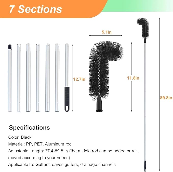 Outdoor Patio Rain Gutters Clean Kit with PET Brushes & Non-slip Handle for Debris Removal, 5.5ft 6.5feet 7.5foot Long Gutter Cleaning Tool From the Ground(7.5ft)