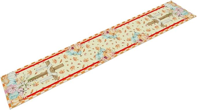 Watercolor Pumpkin Table Runner Fall Flowers Falling Leaves Cross Harvest Season Thanksgiving Rustic Home Decor for Farmhouse Indoor Outdoor Party Holiday Dining Kitchen Restaurant Cafe W13xL90in