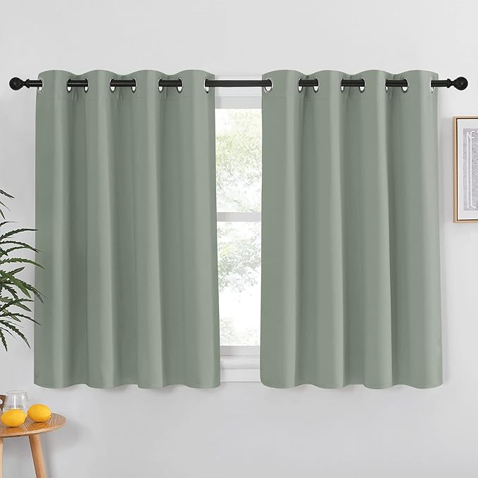 NICETOWN Sage Green Blackout Kitchen Curtain 45 inch Length