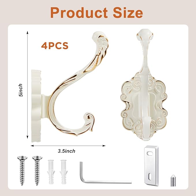 Zonon 4 Pcs White Wall Hooks Set Vintage Coat & Towel Hooks