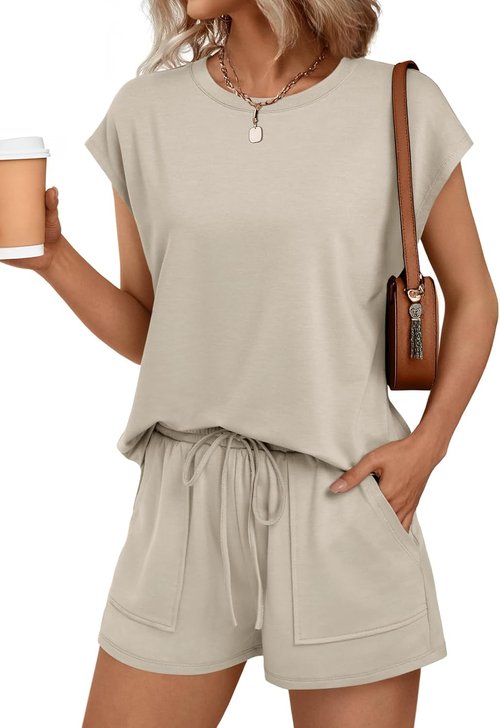AUTOMET Women's Crew Neck Two-Piece Short Set - Cap Sleeve Summer Sweatsuit with Pocket