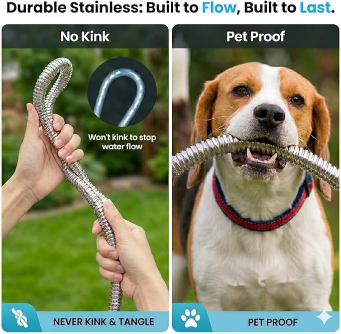 Garden Hose 100FT, Water Hose with 10 Function Nozzle, Garden Hose Metal with Leak-proof Connectors, No-Kink, Lightweight, Puncture-proof, Pet-proof, Sturdy, Hose for Outdoor, Yard