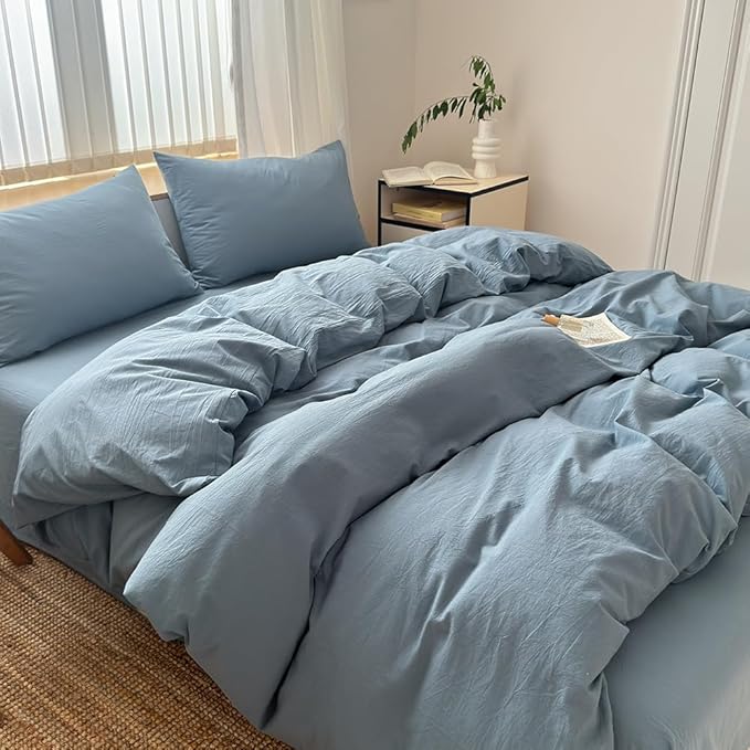 FACE TWO FACE Bedding Duvet Cover Set100% Washed Cotton Duvet Cover Linen Like Textured Breathable Durable Soft Comfy (California King, Deep Gray Blue)