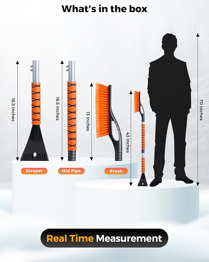 EcoNour 43" Ice Scrapers for Car Windshield Extendable | 3 Parts Detachable Telescopic Snow Brush for Car, Trucks, SUV | Long Snow Scraper with Brush | Car Winter Accessories (2 Pack)