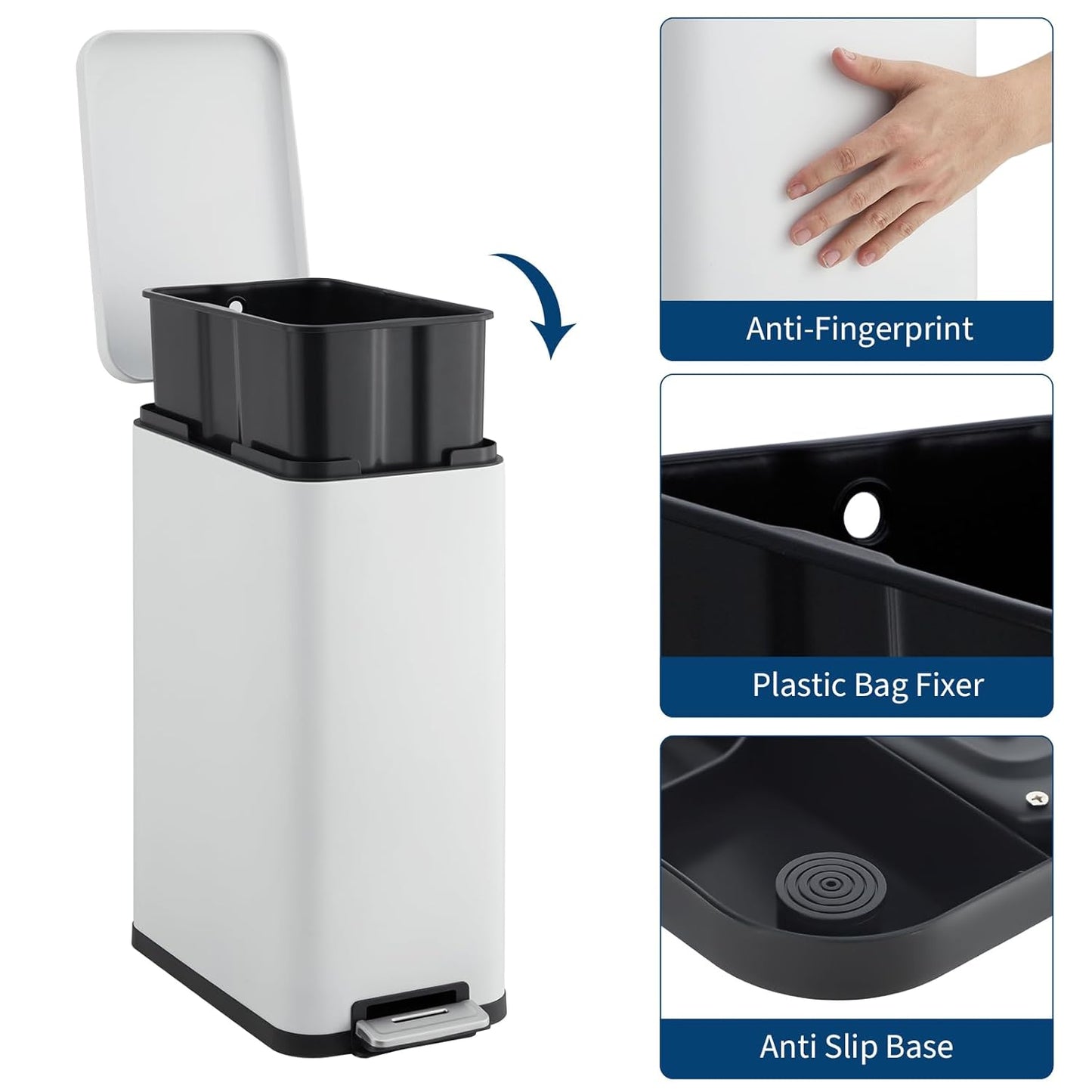 Garvee 13 Gallon Kitchen Trash Can, Stainless Steel Step Garbage Bin with Soft-Close Lid & Removable Bucket, Fingerprint Proof, Slim for Narrow Spaces, Bathroom or Office (White+Silver, 13 Gallon)