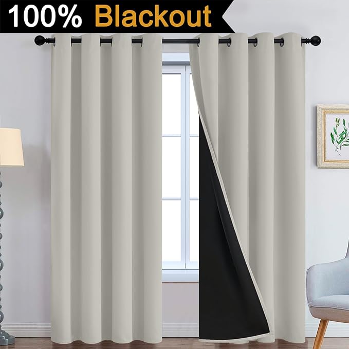 Yakamok Cream Beige 100% Blackout Curtains, Thermal Insulated Total Blackout