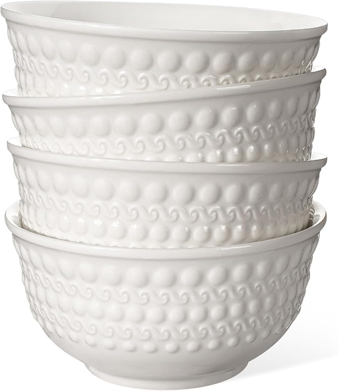 Small Ceramic Bowls - 14 Oz Ice Cream Bowls Set of 4, White Embossment Dessert Bowl for Kitchen, Soup, Side Dishes, Oatmeal, Rice, 4.75 Inch Microwave Oven Safe(Auspicious Clouds)