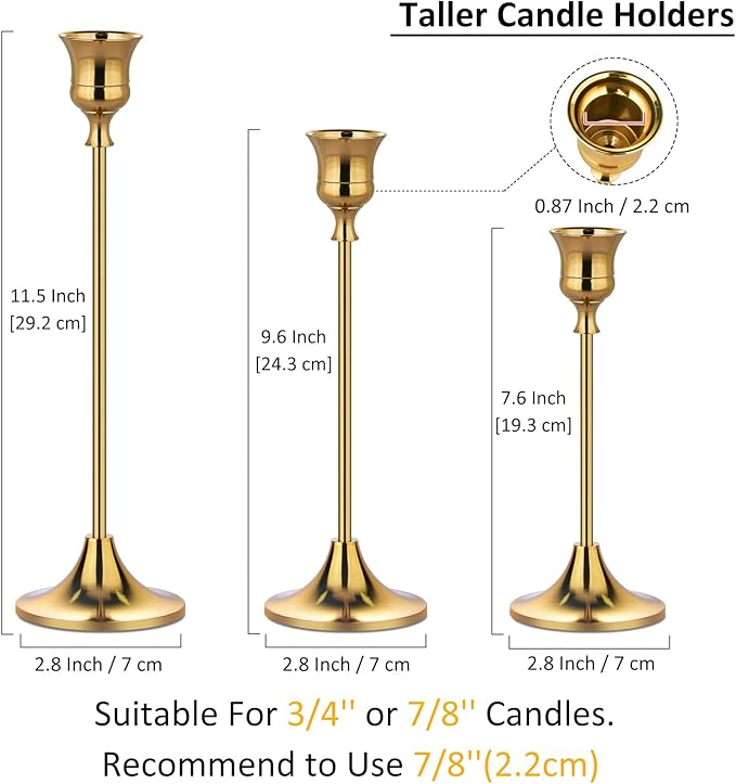 Metal Candle Holders for Candlesticks Taper Candlestick Holders Set Vintage Decorative Centerpiece Candelabra Tall Candle Stands (Gold, 2 Sets (6 pcs))