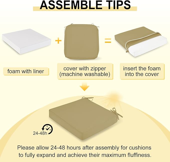downluxe Waterproof Outdoor Chair Cushions for Patio Furniture, 22" x 22" x 3" Patio Chair Cushion with Adjustable Ties & Portable Handle, Square Outdoor Cushion with Removable Cover, Khaki, 2 Pack