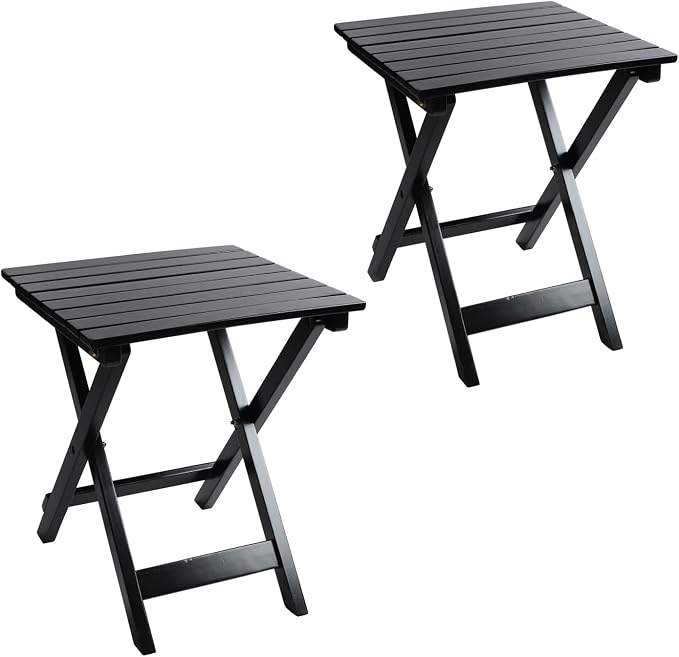 Outdoor Wooden Side Table, Folding Patio End Table Set of 2, Small Square Furniture Table for Adirondack Chair, Balcony, Porch, No Assembly, Black