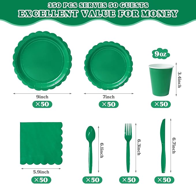 Vyntra 350 PCS Disposable Plates for Party, Paper Plates & Napkins Set with Cups, Knives, Forks, Spoons, 7'' Dessert and 9'' Dinner Plates for Birthday, Christmas, St. Patrick's Day - Green
