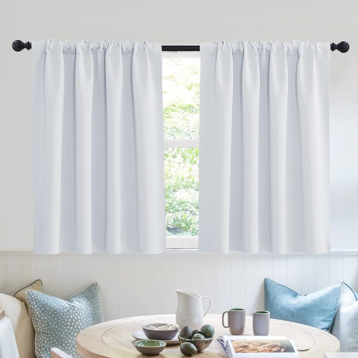 RYB HOME White Curtains 36 inches Long Room Darkening Curtains Thermal Insulated Sunlight Block for Kitchen Cabinet Bedroom Bathroom Window Covering, W 52 x L 36, Grayish White, 2 Panels