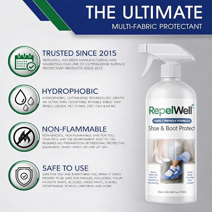 RepelWell Shoe & Boot Stain & Water Repellent (24oz) Eco-Friendly, Pet-Safe Spray Keeps Fabric, Leather & Suede Clean & Dry
