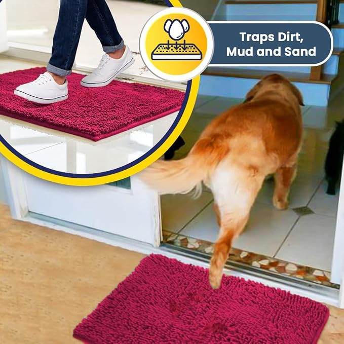 Muddy Mat® | Super Water Absorbent Door Mat Indoor, Microfiber Quick Dry Chenille Entryway Rug, Slip Resistant Front Door Mat, Indoor Mats for Entryway, Machine Washable Pet Rug, Hot Pink 48" x 72"